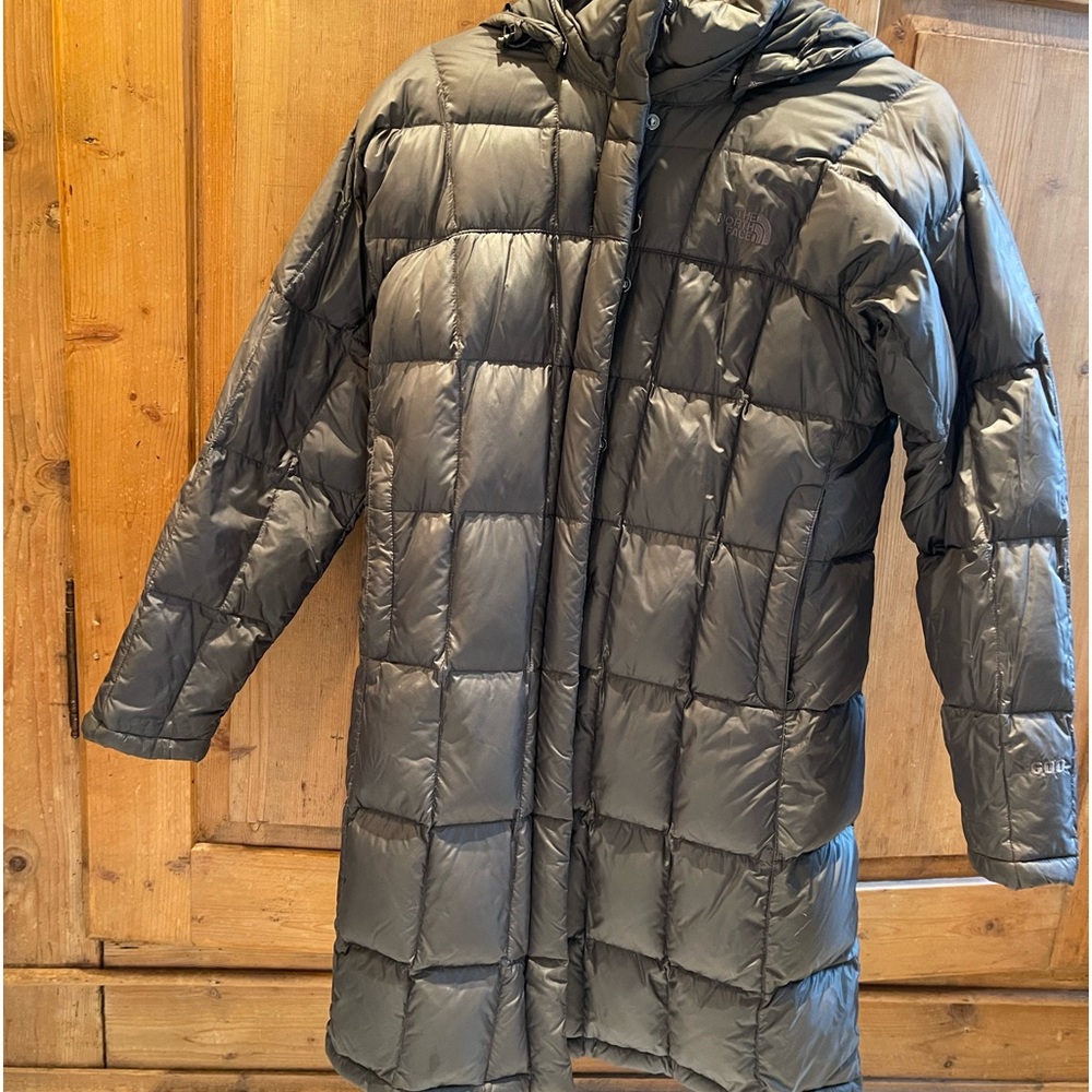 NORTH FACE FULL LENGTH PUFFER DOWN JACKET COAT Women’s Medium HOODIE PARKA Gray.
